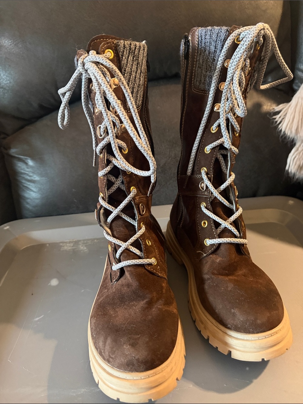 Brown Suede Lace-Up Knit Cuff Boots